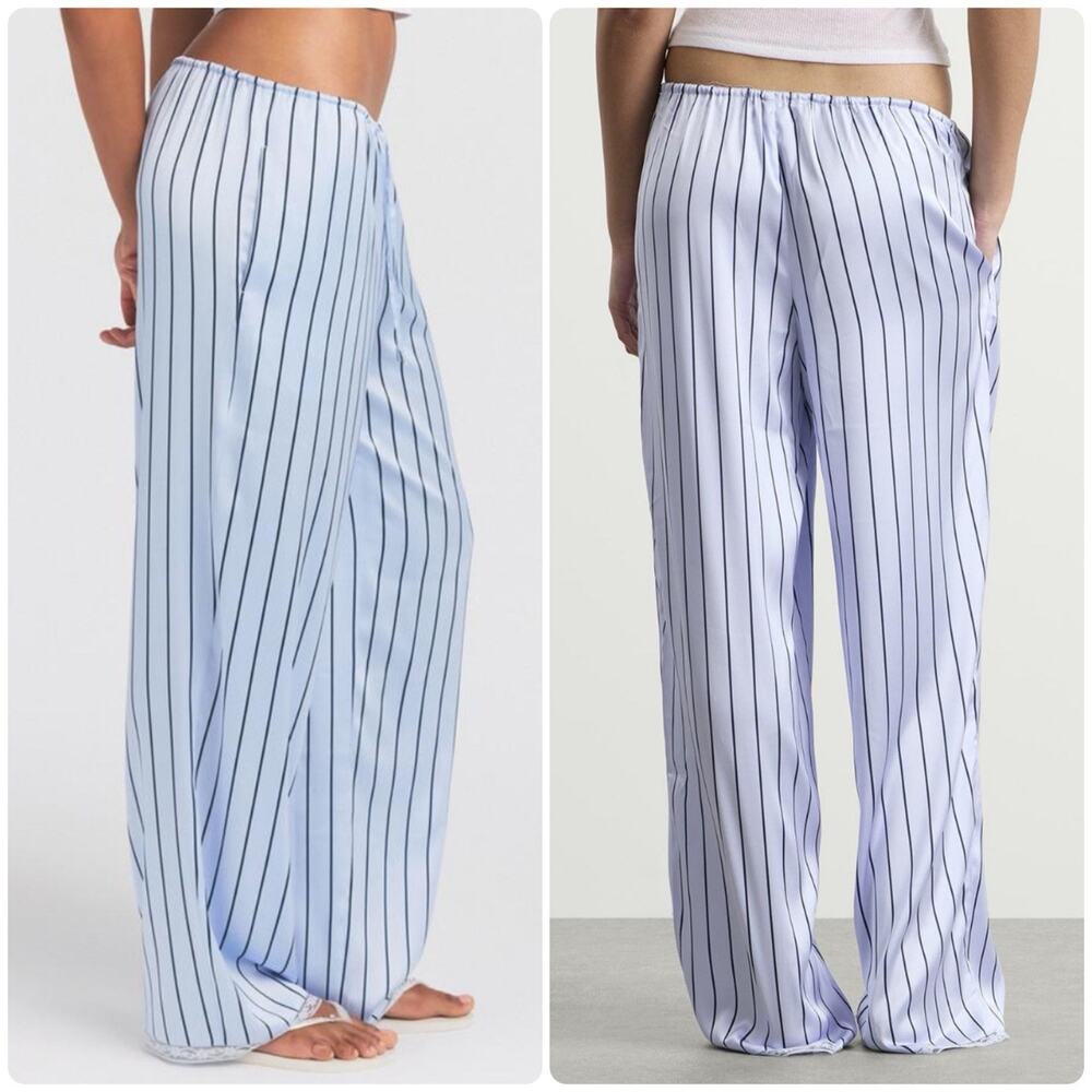 SKIMS Woven Shine Sleep Lace Pants Blue Pinstripe Satin Lounge Pajama Bottoms XS